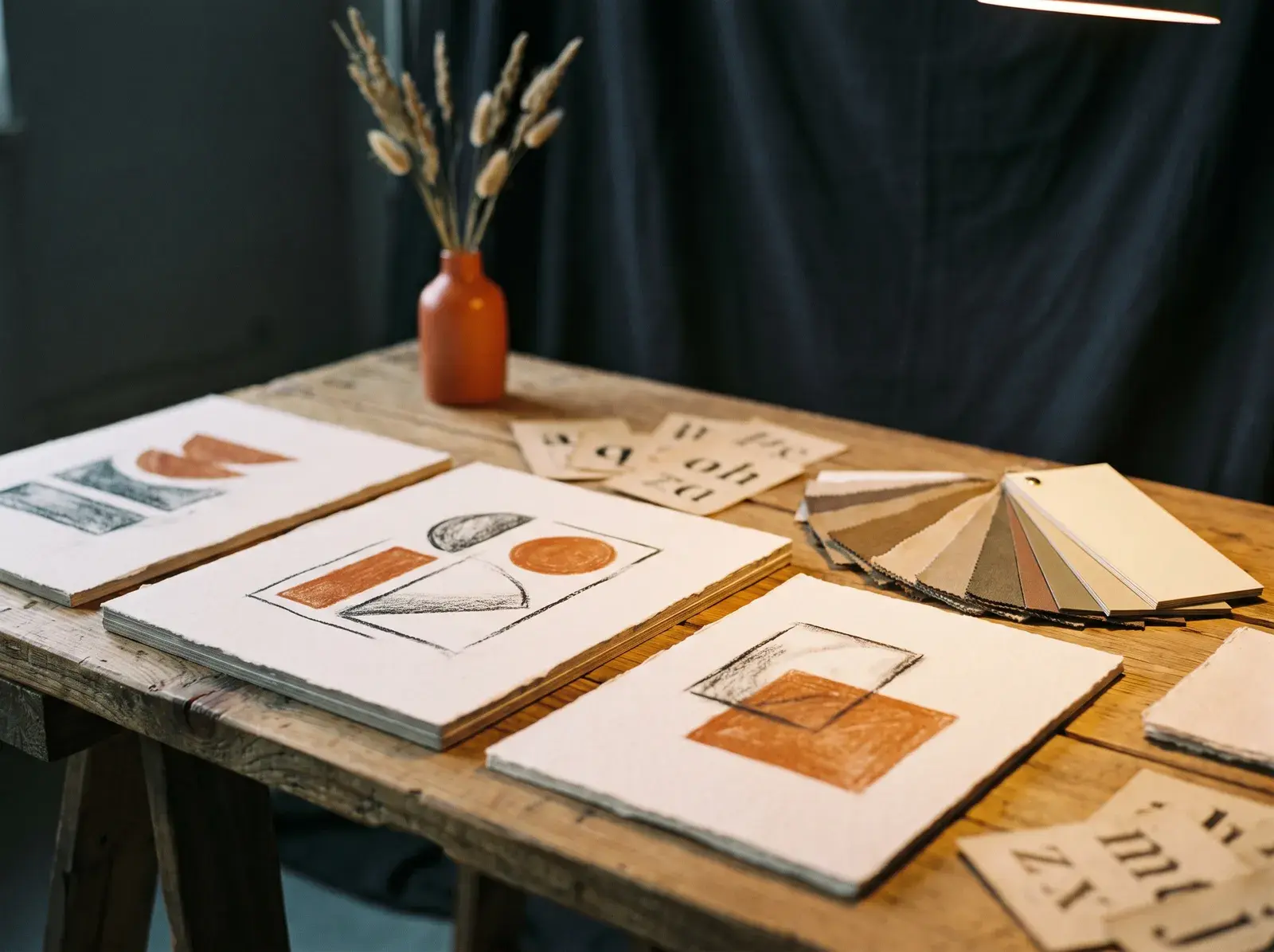 Brand identity boards and colour swatches on a studio table
