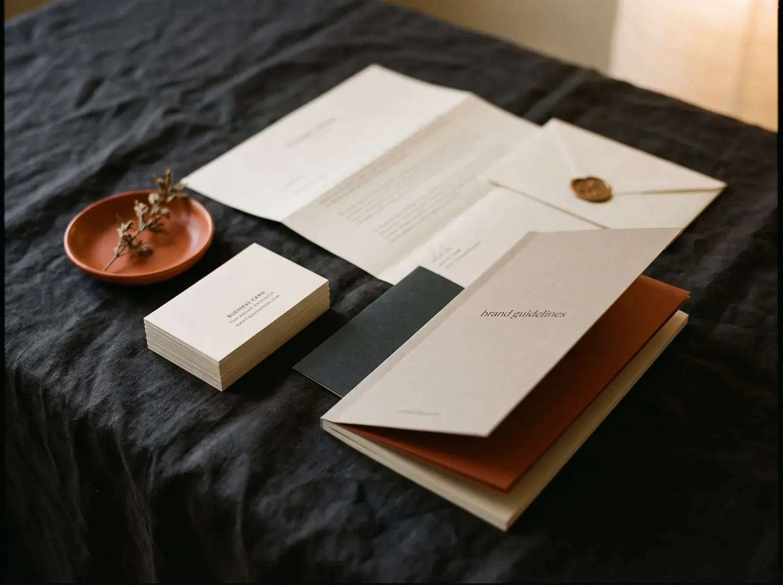 Printed brand guidelines and stationery laid out together