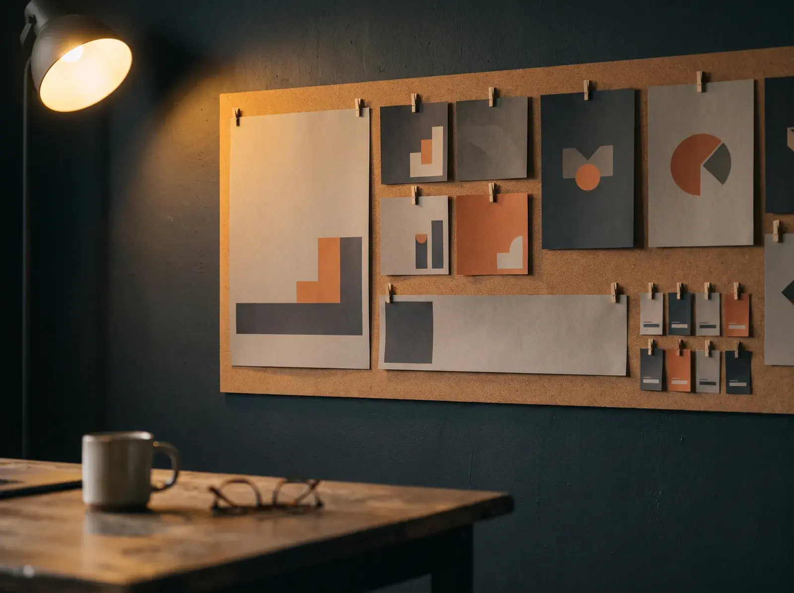 Campaign artwork adapted across many formats on a design wall