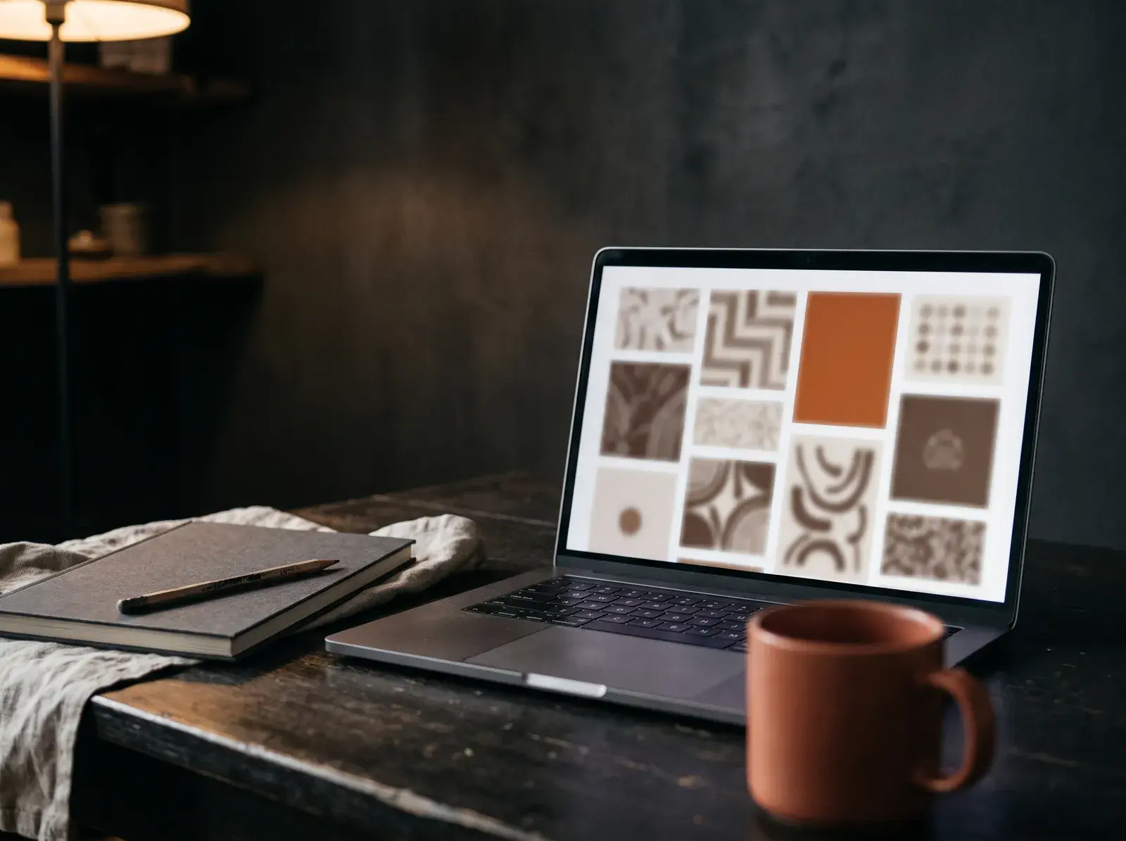 Laptop showing a library of design templates in a studio