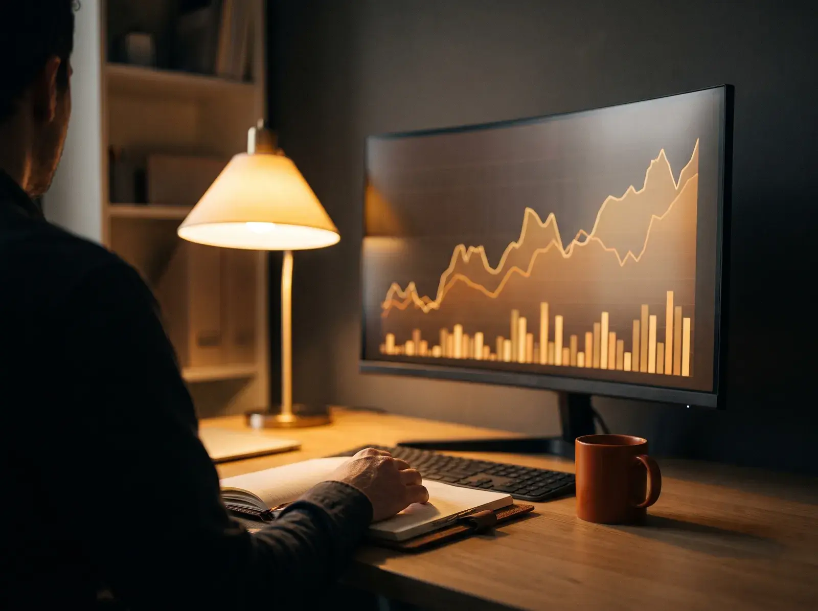 Analyst reviewing conversion data in a dim office