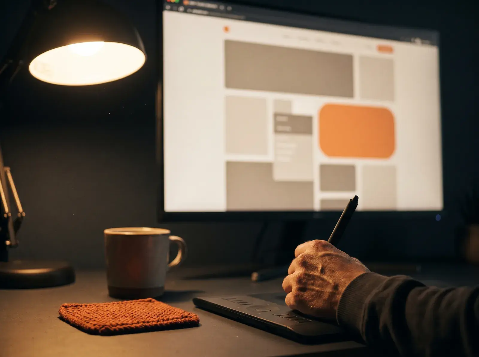 Designer refining a landing page layout on a large monitor