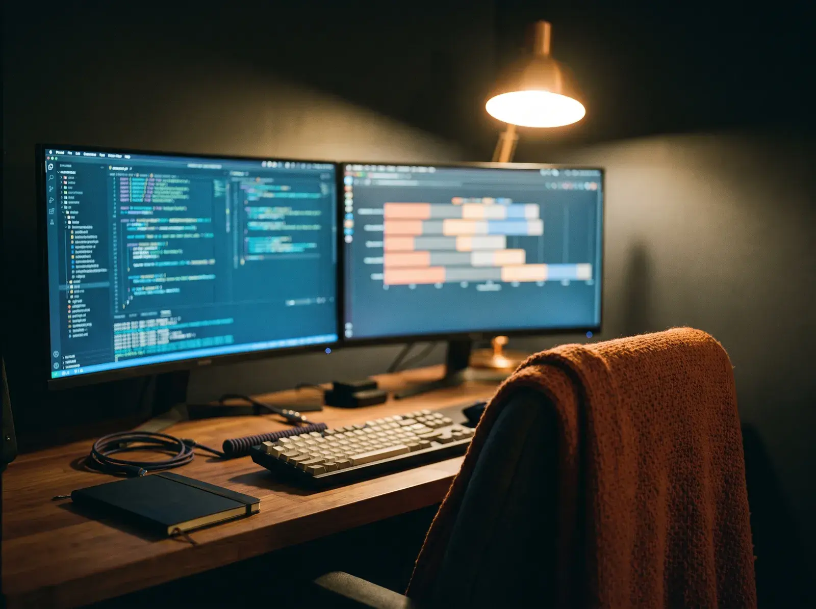 Developer workstation at night with performance charts on screen