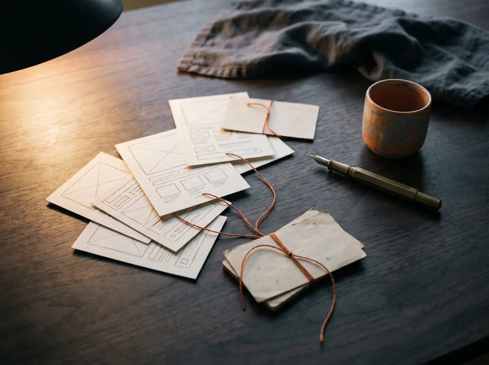 Page wireframes arranged into a connected cluster on a desk