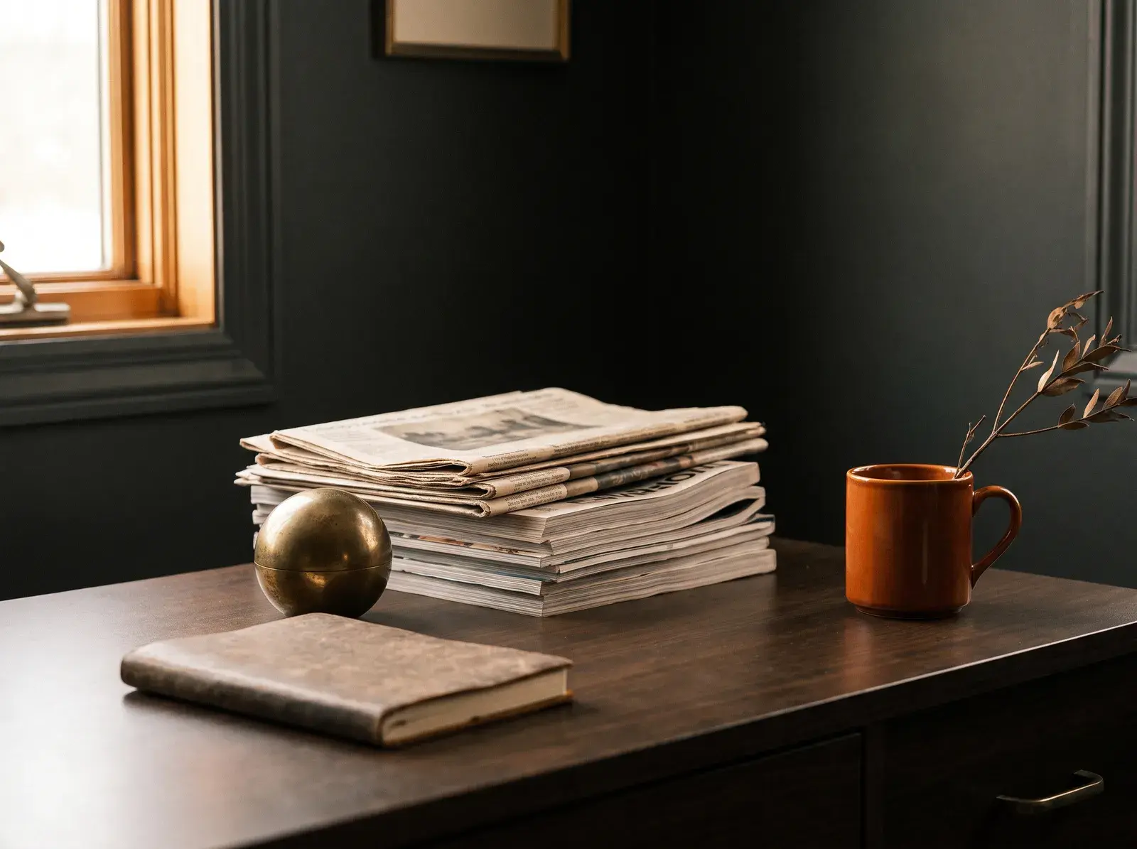 Industry publications and press on a dark table in side light
