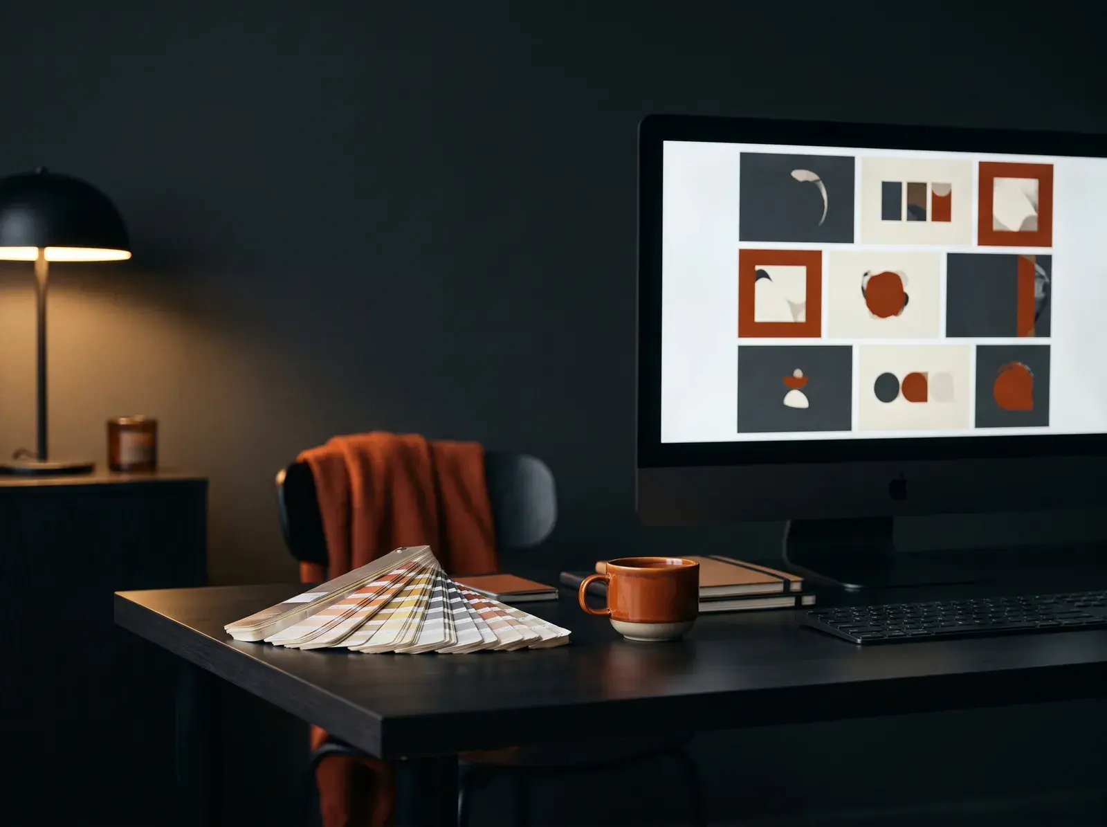 Grid of social post templates laid out on a design desk