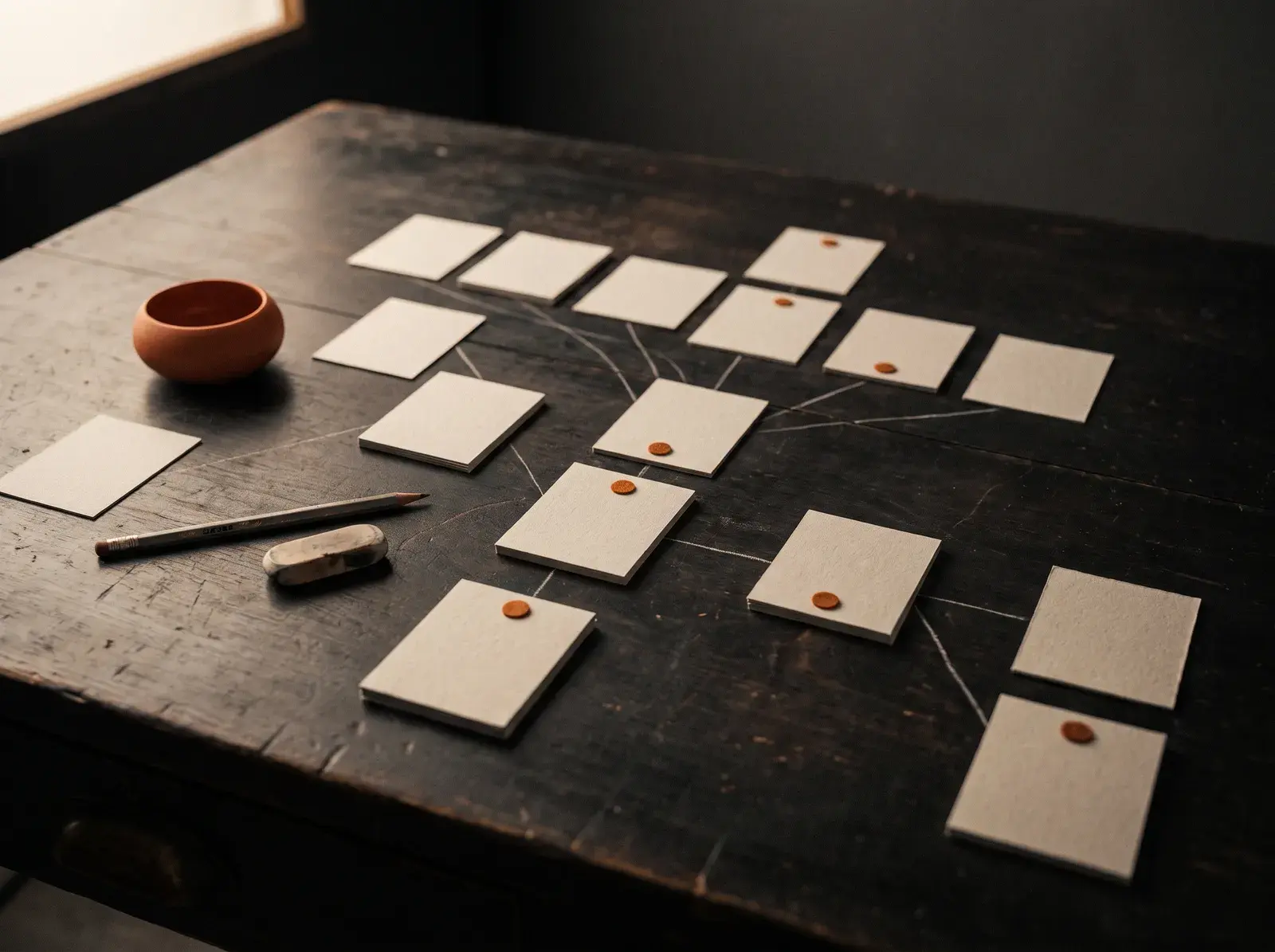 Website architecture mapped on paper cards across a desk
