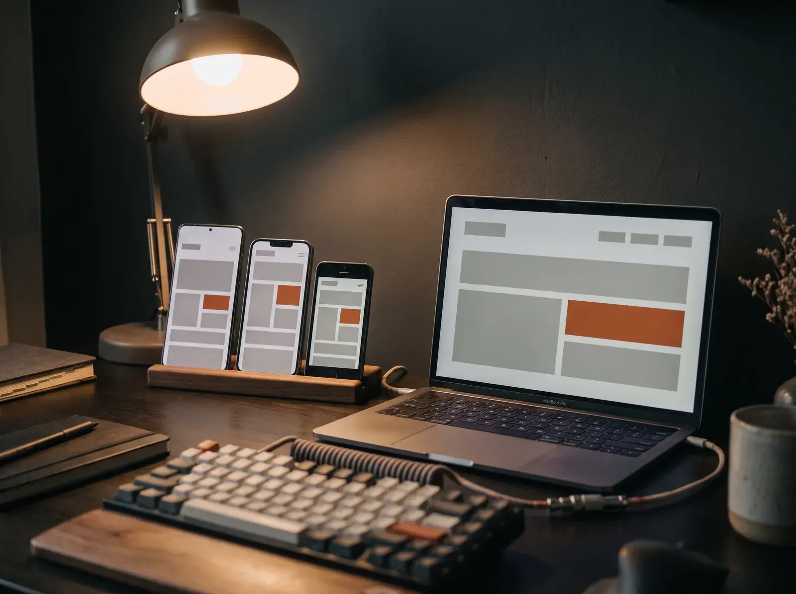 Developer testing a website on several phones and a laptop