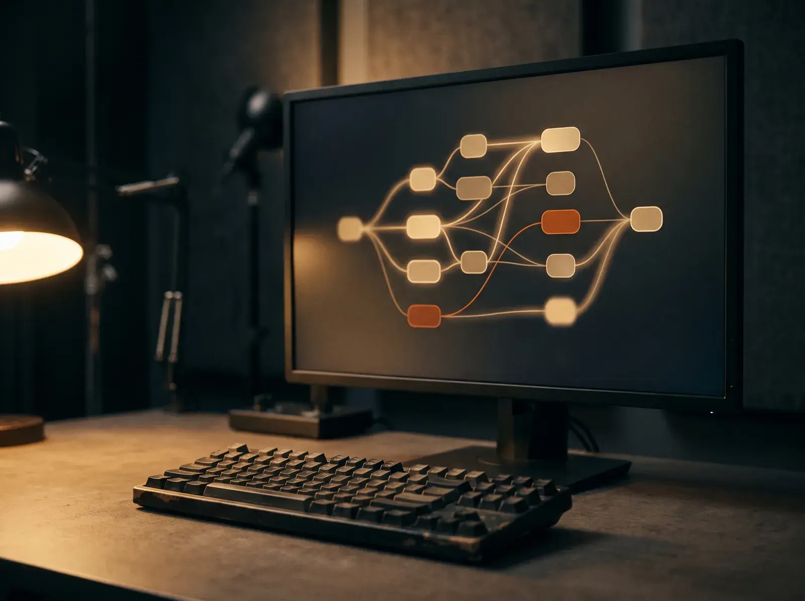 Automated workflow mapped as connected nodes on a screen