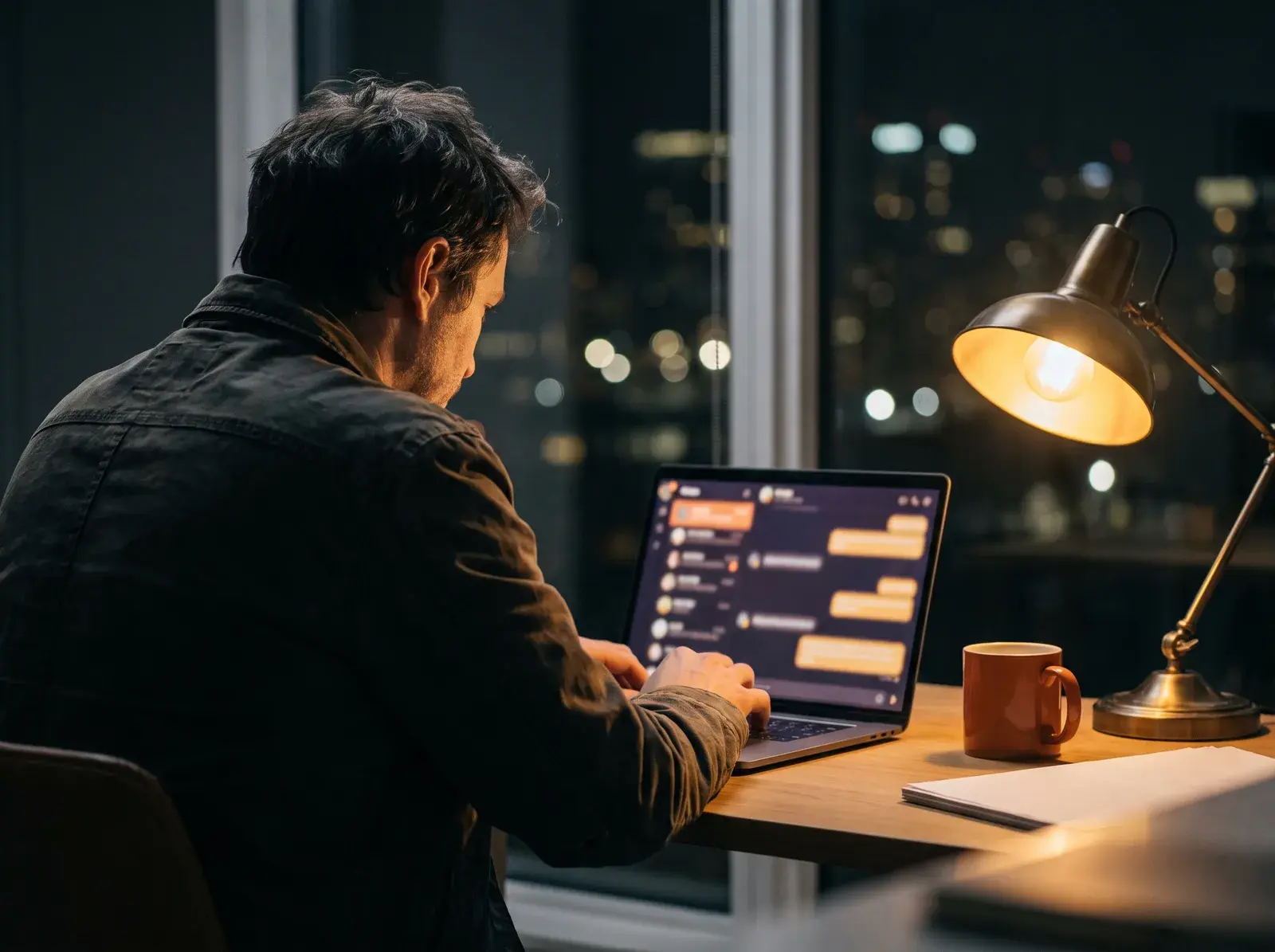 Person researching with an AI assistant on a laptop at night