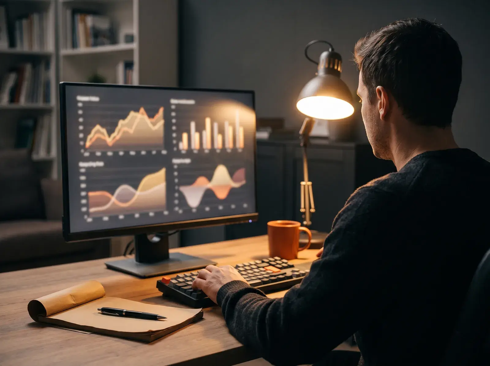 Analytics dashboards reviewed on a monitor in a dark office