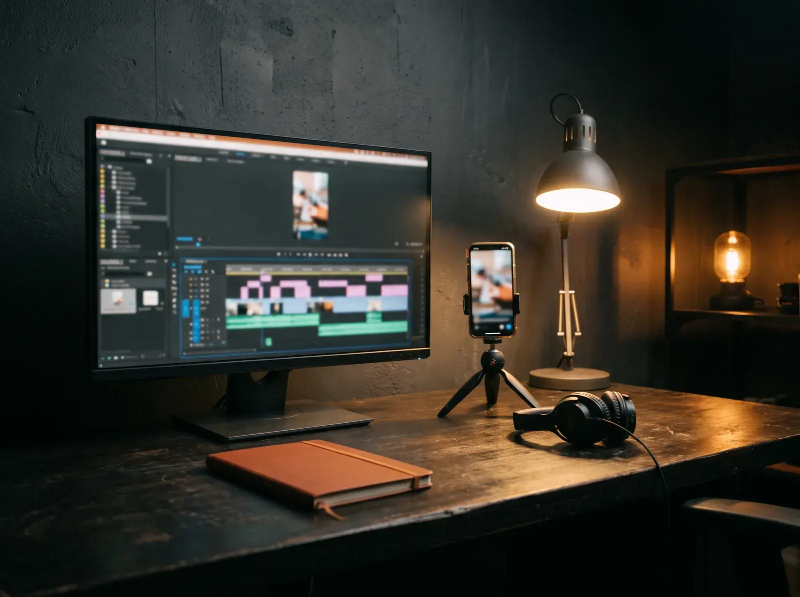Video editor cutting short-form vertical ads at a workstation