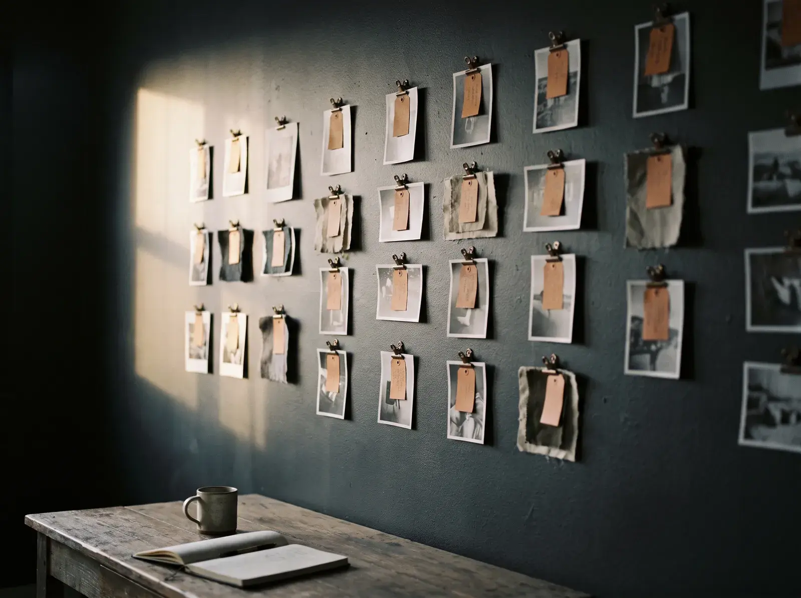Printed ad concepts pinned to a wall and grouped by angle
