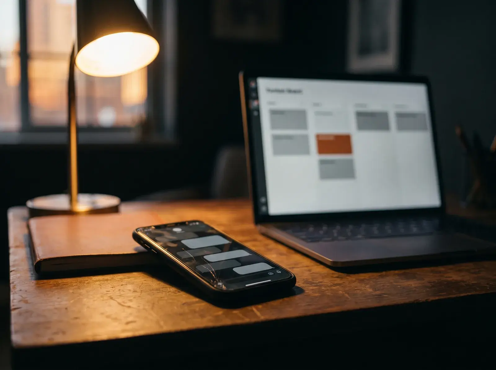 Smartphone lying on a desk beside a laptop showing a pipeline board