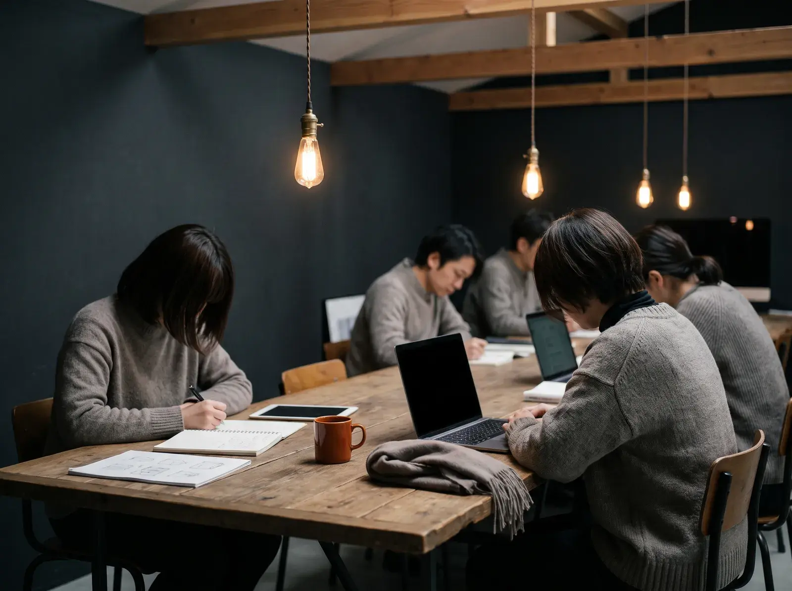 Cross-functional team working around one table in a studio