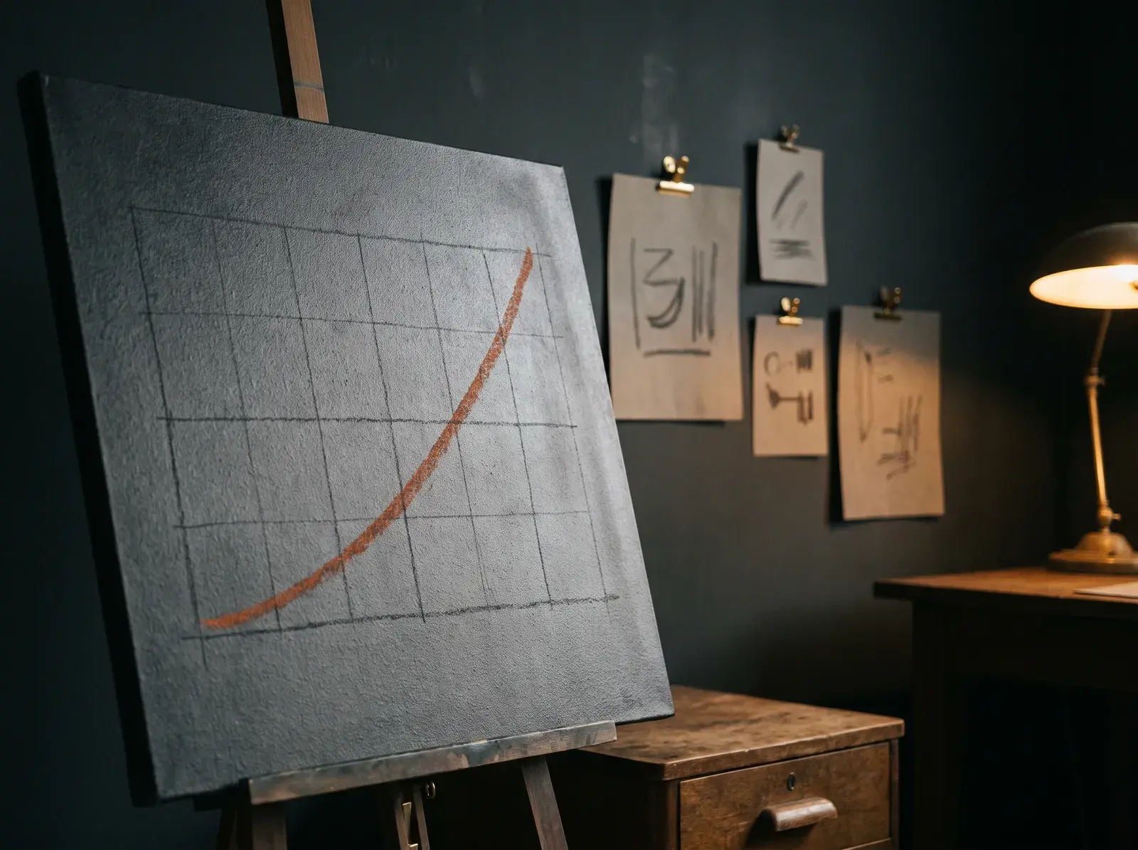 Upward progress charted on a board in a quiet studio