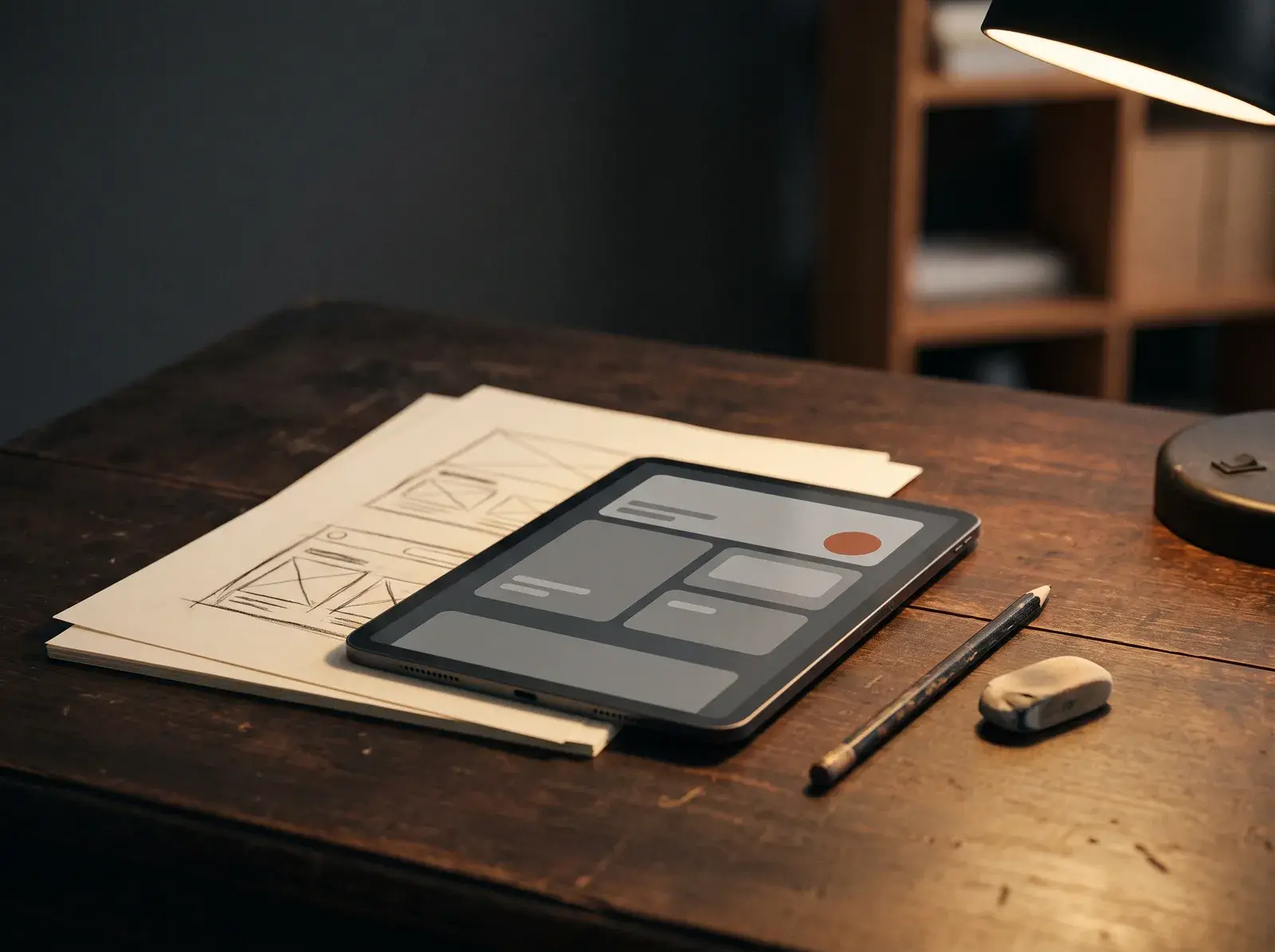 Wireframe sketches and a prototype on a tablet