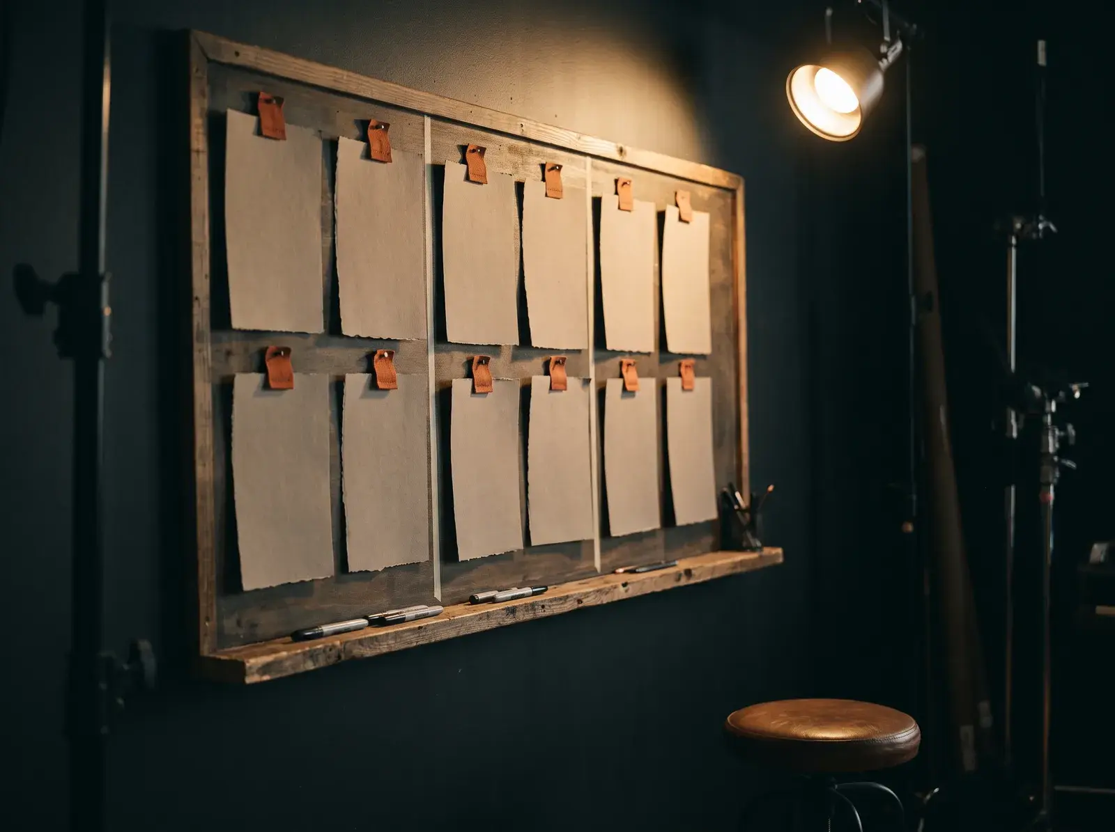Editorial planning board with topic cards on a studio wall