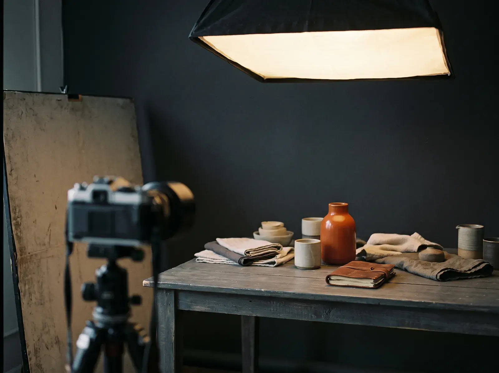 Batch photo shoot with products and props on a studio table