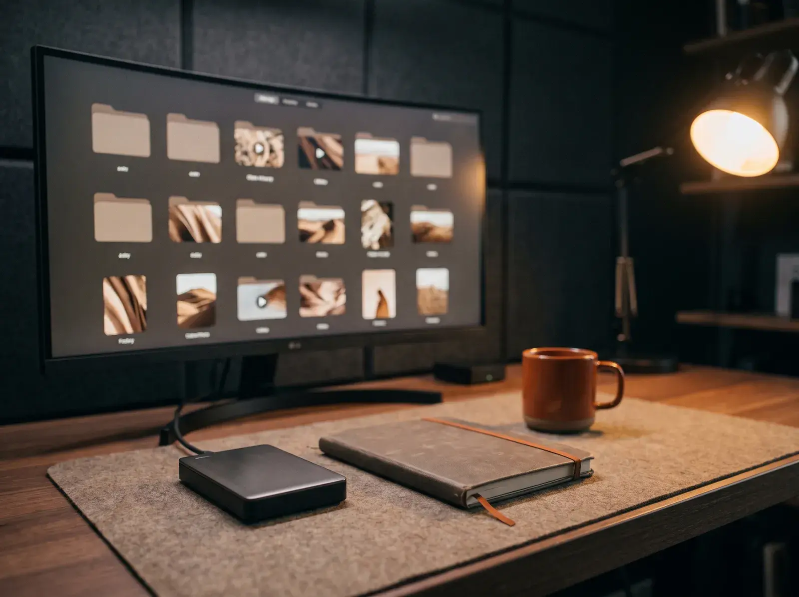 Organised content library of photos and clips on a monitor