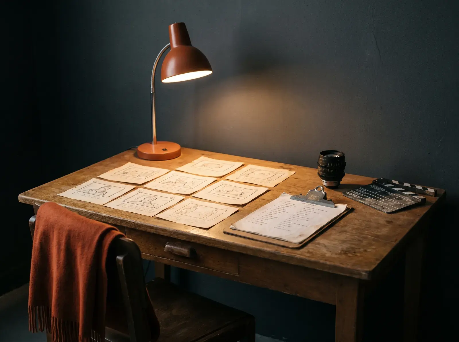 Storyboard frames and a shot list on a production desk