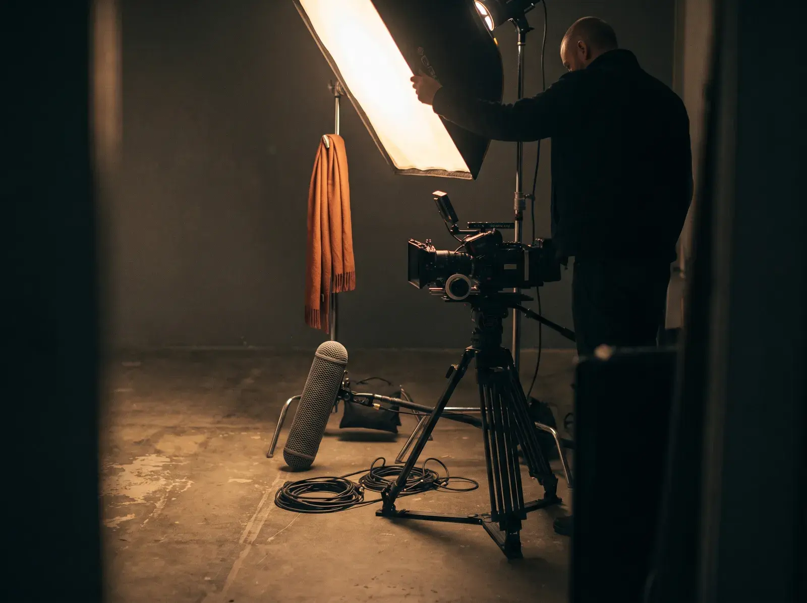 Compact film crew setting up lighting on a studio set